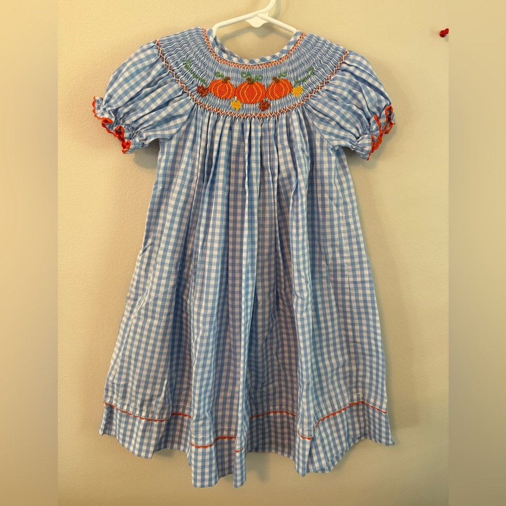 Anavini Blue Gingham Smocked Dress with Pumpkin Embroidery